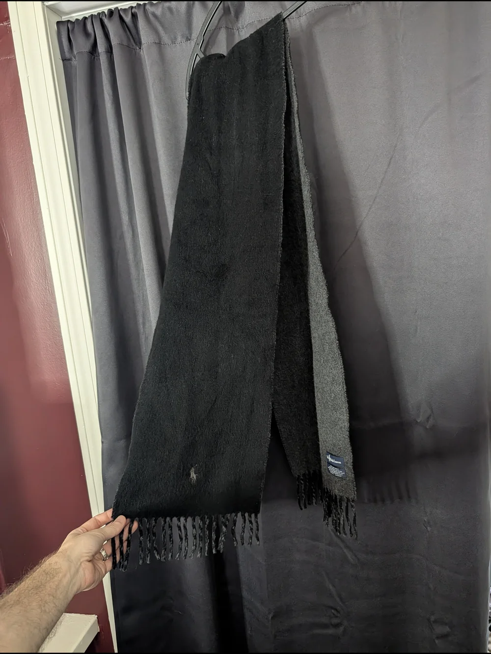 Polo Ralph Lauren Vintage Made In Italy Black/Gray Lambswool Fleece Fringe Scarf